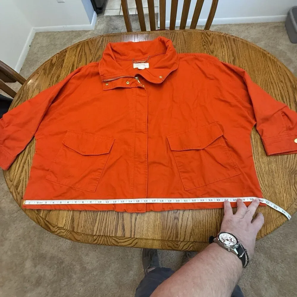 Michael Kors Womens Cropped Canvas Jacket 3X Bright Orange Zip Front Cotton